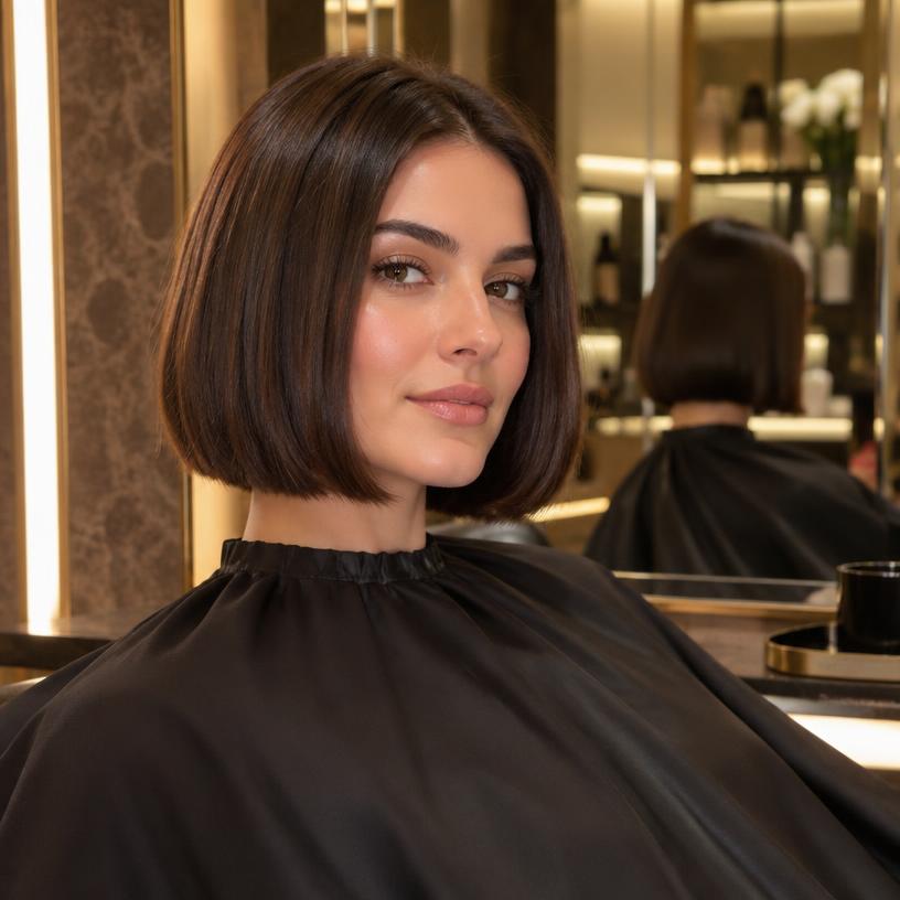 Corte bob pulido en cabello castaño